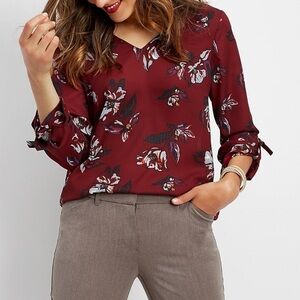 Maurices Floral V-Neck Long-Sleeve Blouse - Burgundy